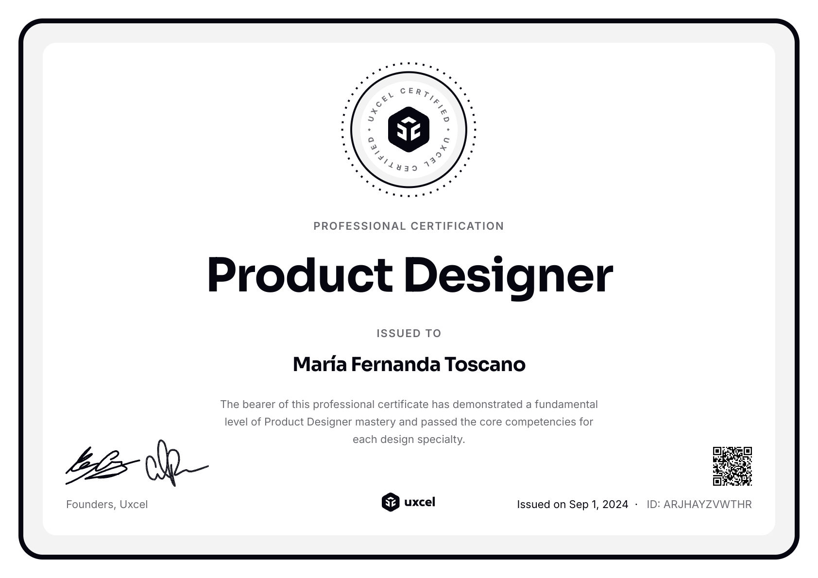 María Fernanda Toscano's certificate